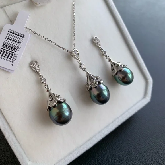 Tahitian drop sea pearl earrings and necklace 10-11mm high luster